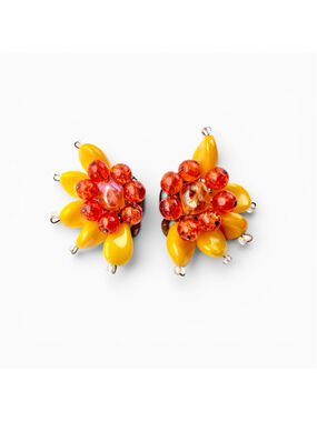 Vintage West Germany Cluster Earrings Orange Yellow Glass Bead Clip Ons 1950s